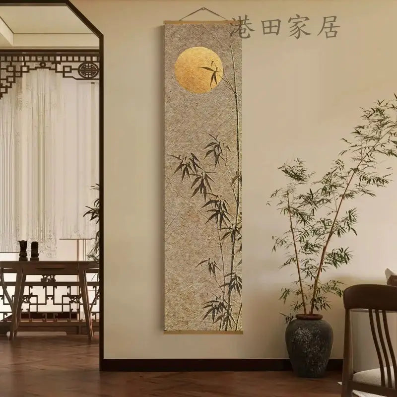 Toile d'art suspendue bambou oiseaux fond beige minimaliste contemporain crochets