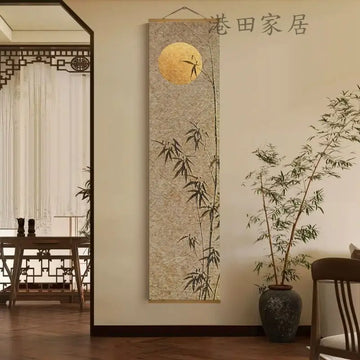Toile d'art suspendue bambou oiseaux fond beige minimaliste contemporain crochets