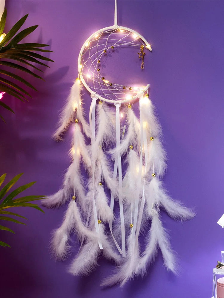 attrape rêves plumes lune boho rose bleu blanc décoratif chambre fil suspendu