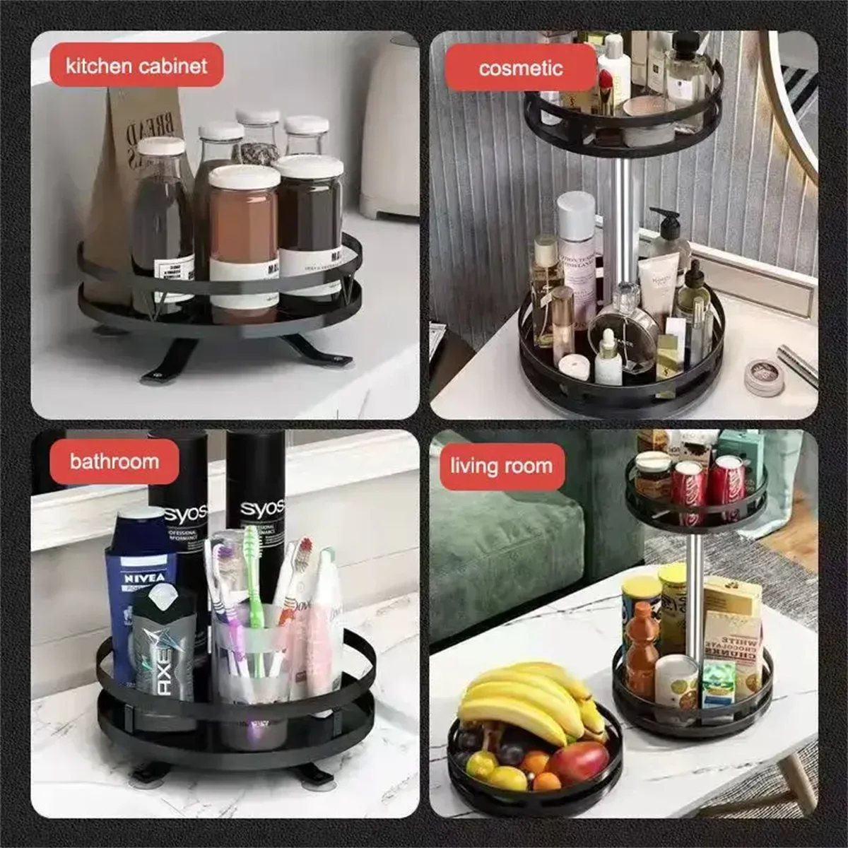 rangement tournant étagère métal noir argenté pots épices bouteilles cosmétiques moderne utilitaire