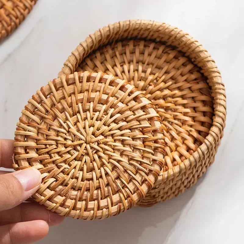 dessous verre rotin tressé naturel rustique ensemble anti brûlure tasses théière