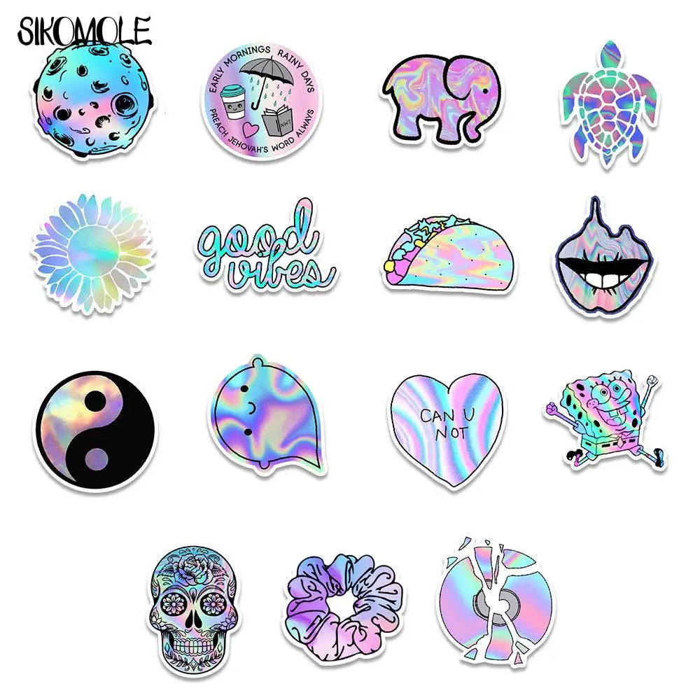 stickers holographiques assortiment violet rose bleu motifs véhicules animaux alimentos symboles personnages adhésifs