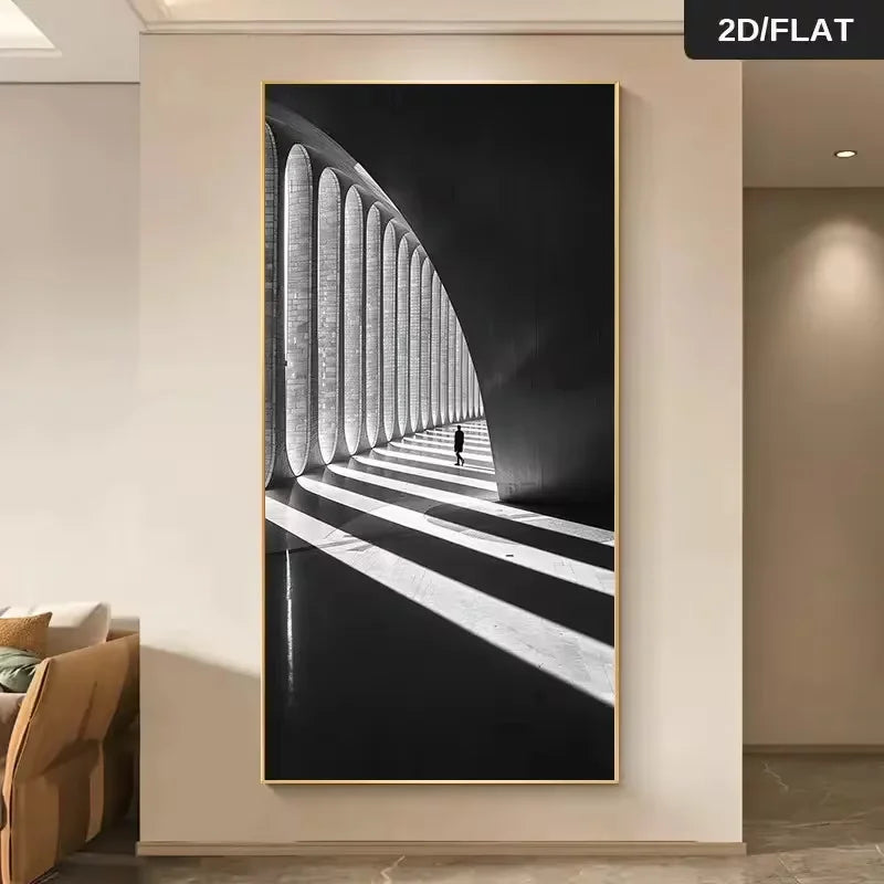 décoration murale moderne architecture intérieure noir blanc toile tunnel perspective ombres lumières minimaliste