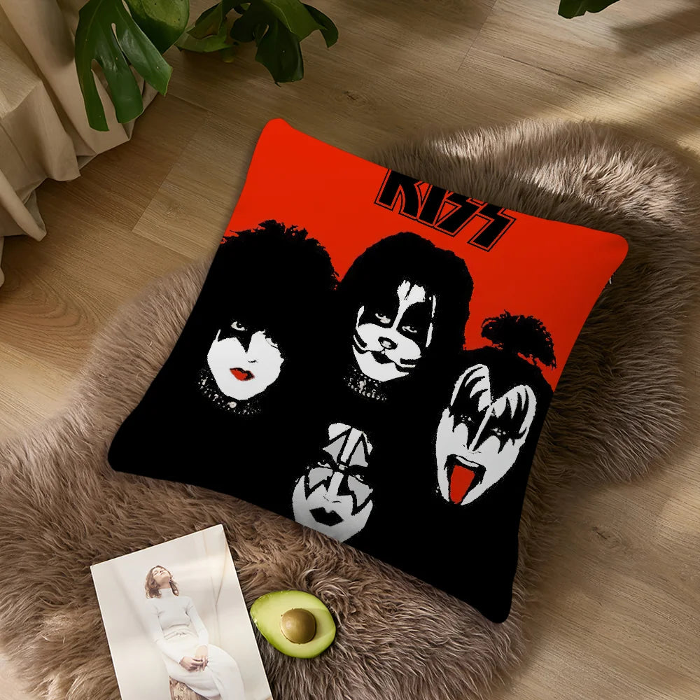 coussin carré motif kiss polyester pop rock noir imprimé dobbys décoratif 40x40cm 45x45cm 50x50cm