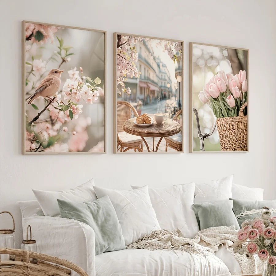toiles d'art moderne fleurs oiseau tulipes minimaliste blanc roseclair vertDecorationMurPrintanière