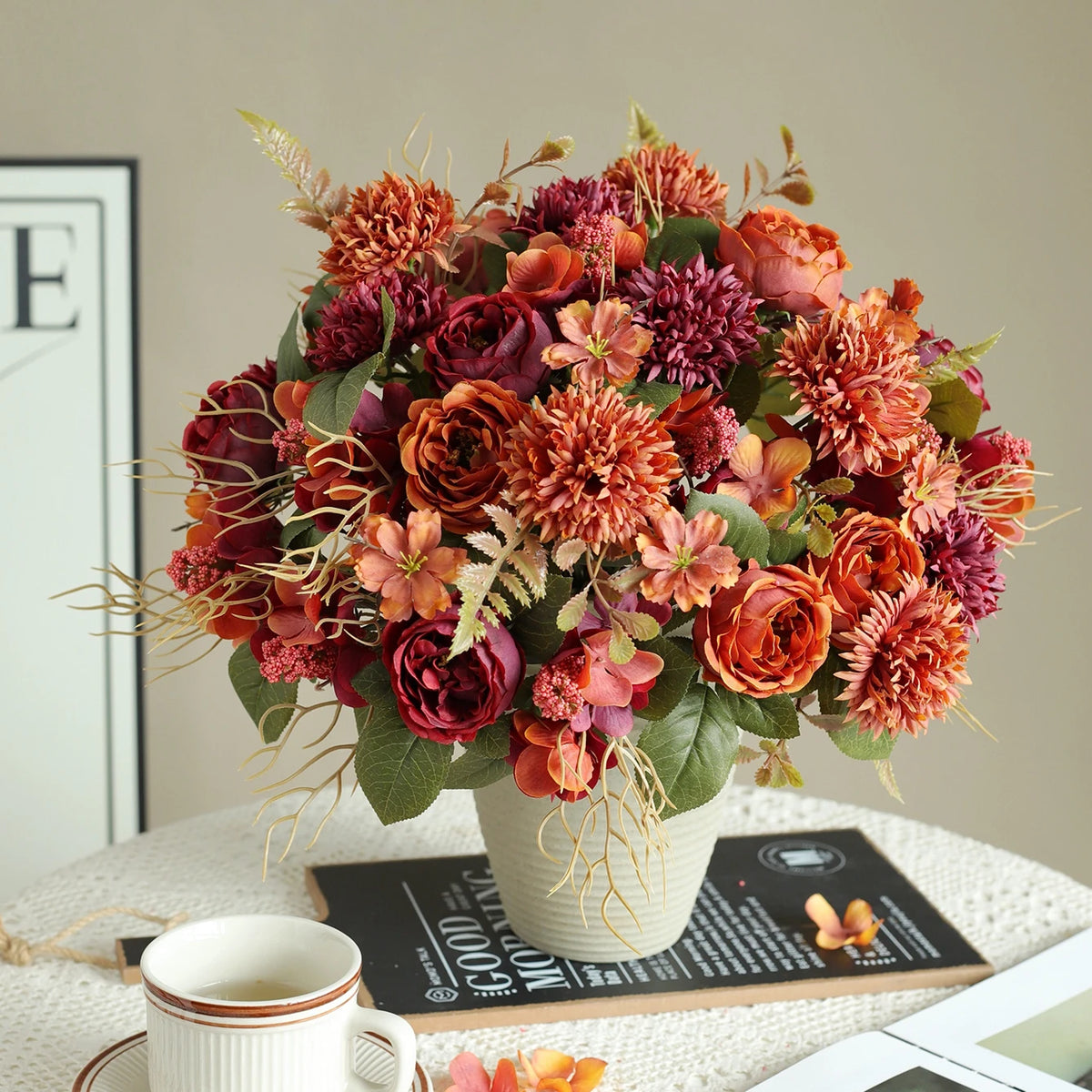 bouquet fleurs artificielles rose orange violet rouge blanc décoration intérieure vase floral champêtre
