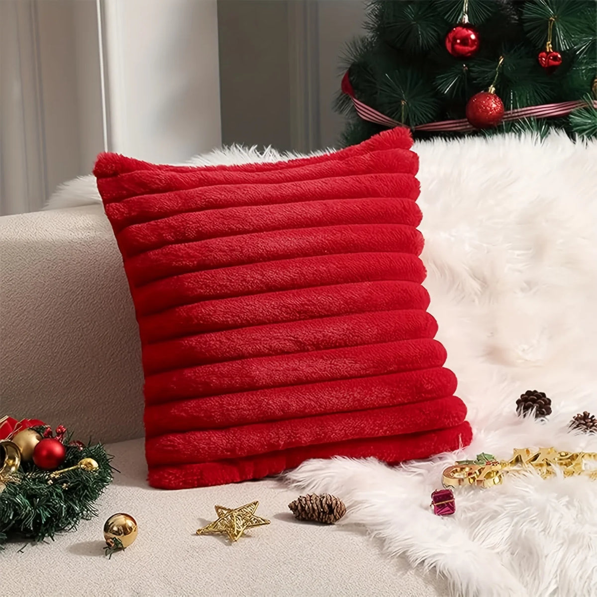 coussin housse fourrure vert rayé adhésif decoration noel canape lit confortable soft 45x45