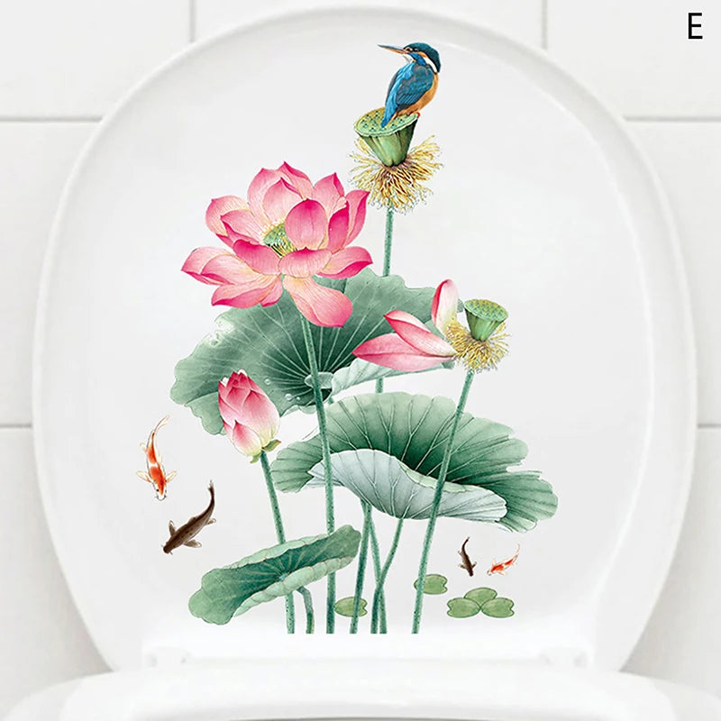 cache wc blanc fleurs colorées adhésif auto collant imperméable décoration salle bain hygiène