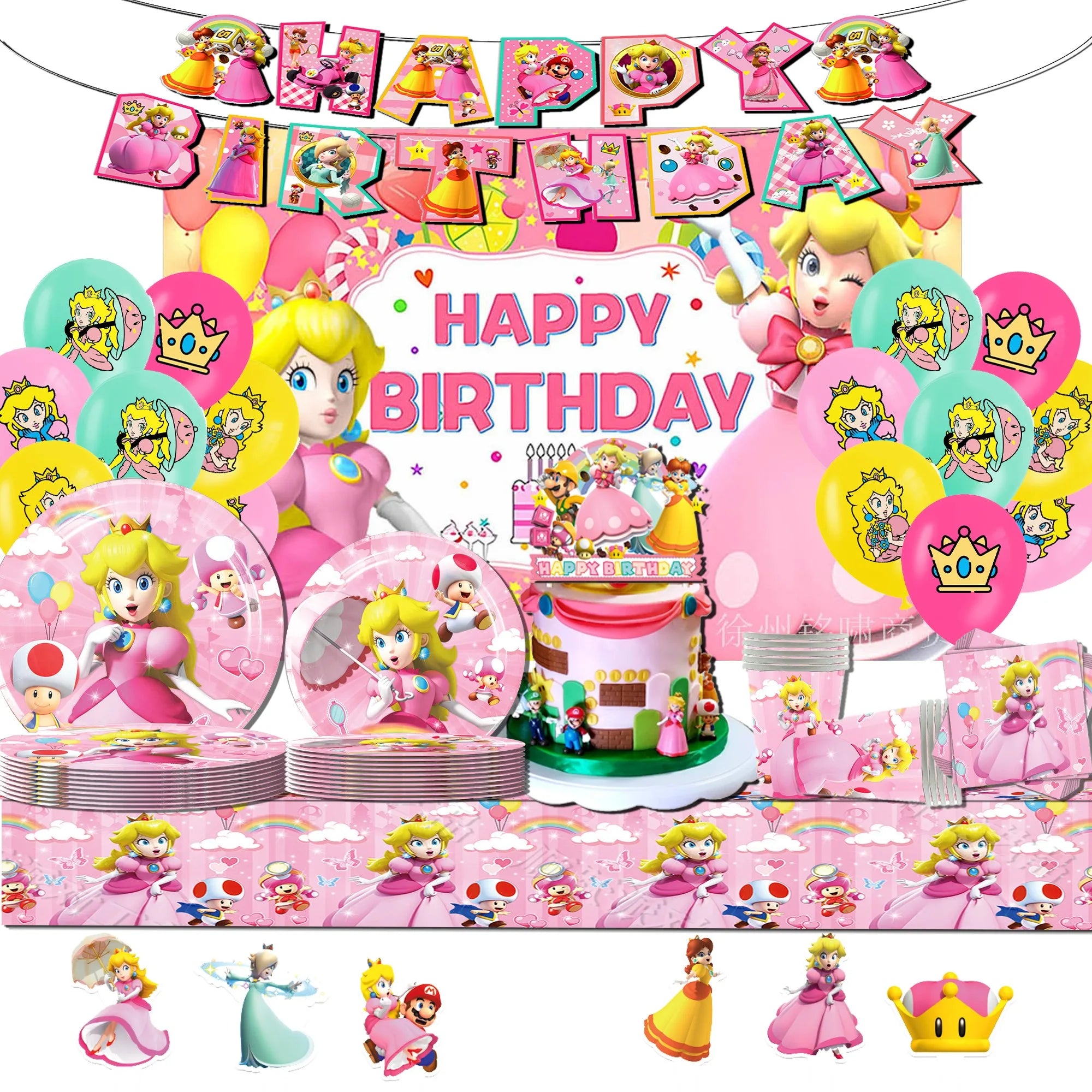 Décoration anniversaire princesse Mario Peach avec bannière et drapeaux suspendus