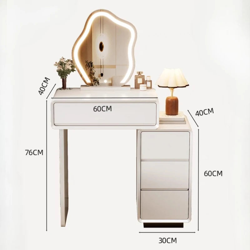 maquillage blanc moderne miroir ovale tiroirs accessoires lampe tabouret minimaliste