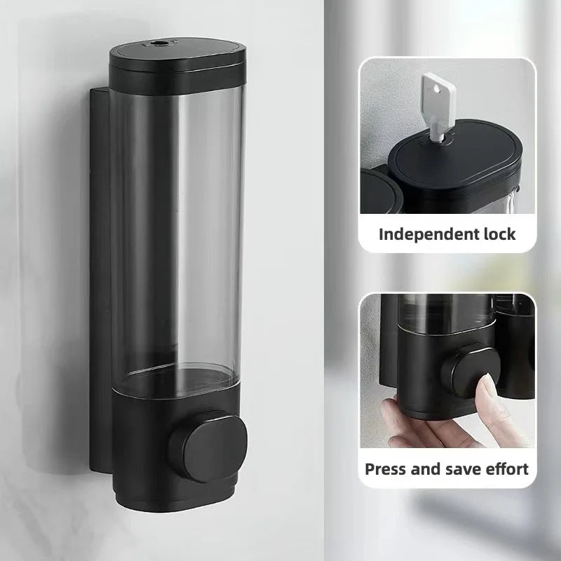 distributeur savon noir transparent moderne fixation murale bouton déclenchement lisse minimaliste