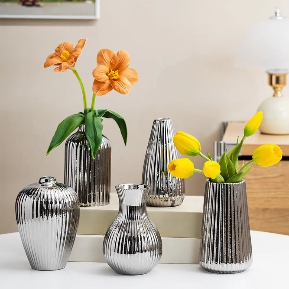 vase argenté doré moderne rayures verticales décoration table floral simple