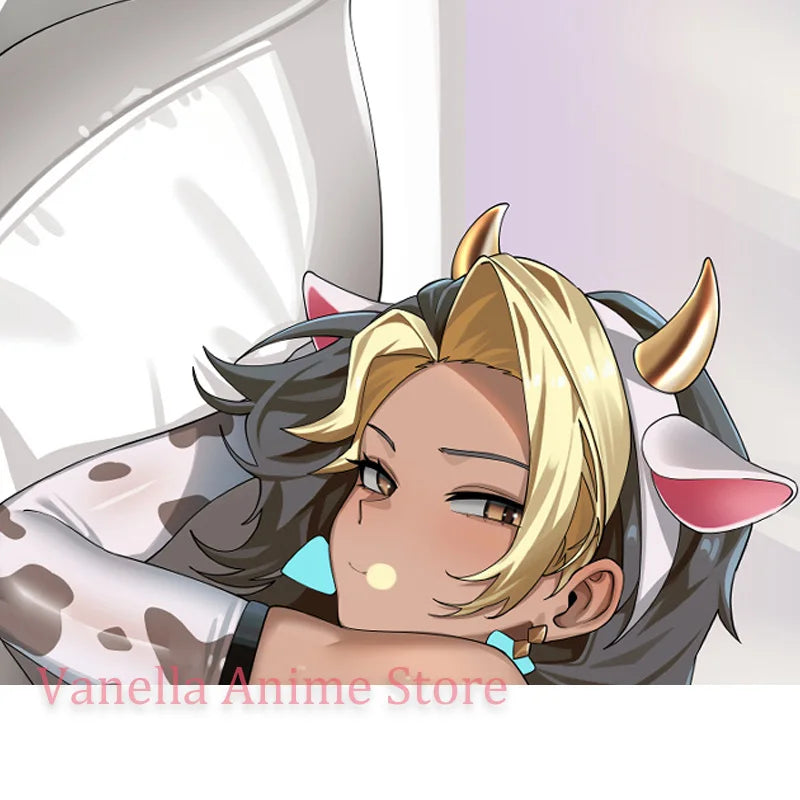 housse coussin imprimée anime oreilles chat cornes collier pendentif cœur blanc rose