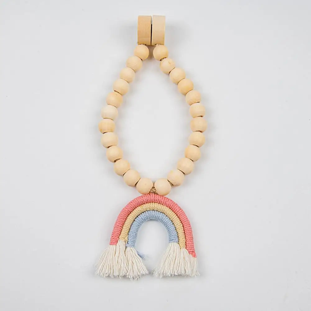 rideaux boho arc ciel franges bois blanc rose bleu clair anneaux