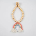 rideaux boho arc ciel franges bois blanc rose bleu clair anneaux