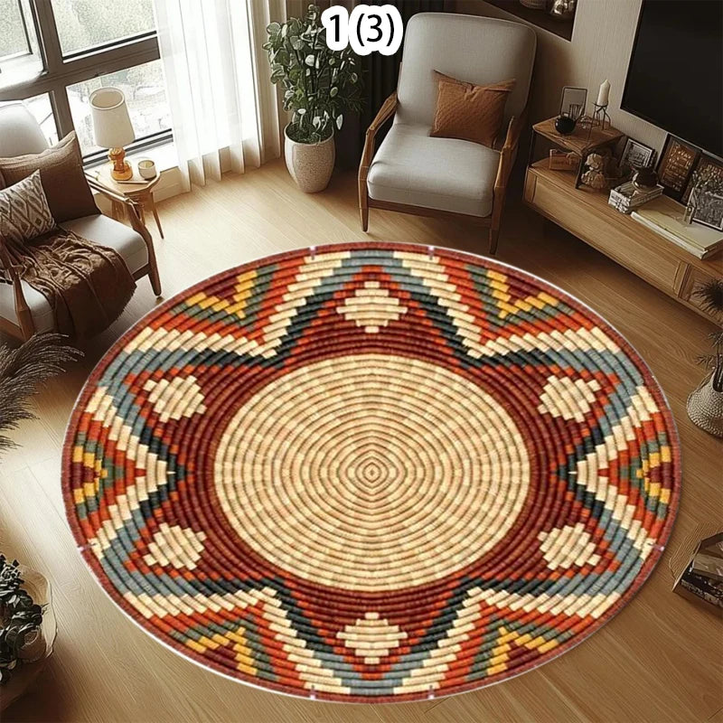 tapis rond multicolore motifs ethniques moderne antidérapant polypropylène polyesterversible extérieur intérieur décoration chambre salon