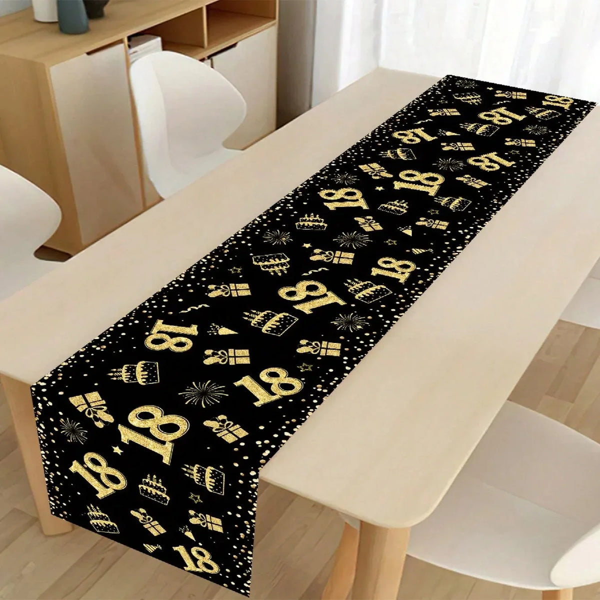 table table anniversaire 18 noir doré gâteaux cadeaux confettis moderne festive polyester