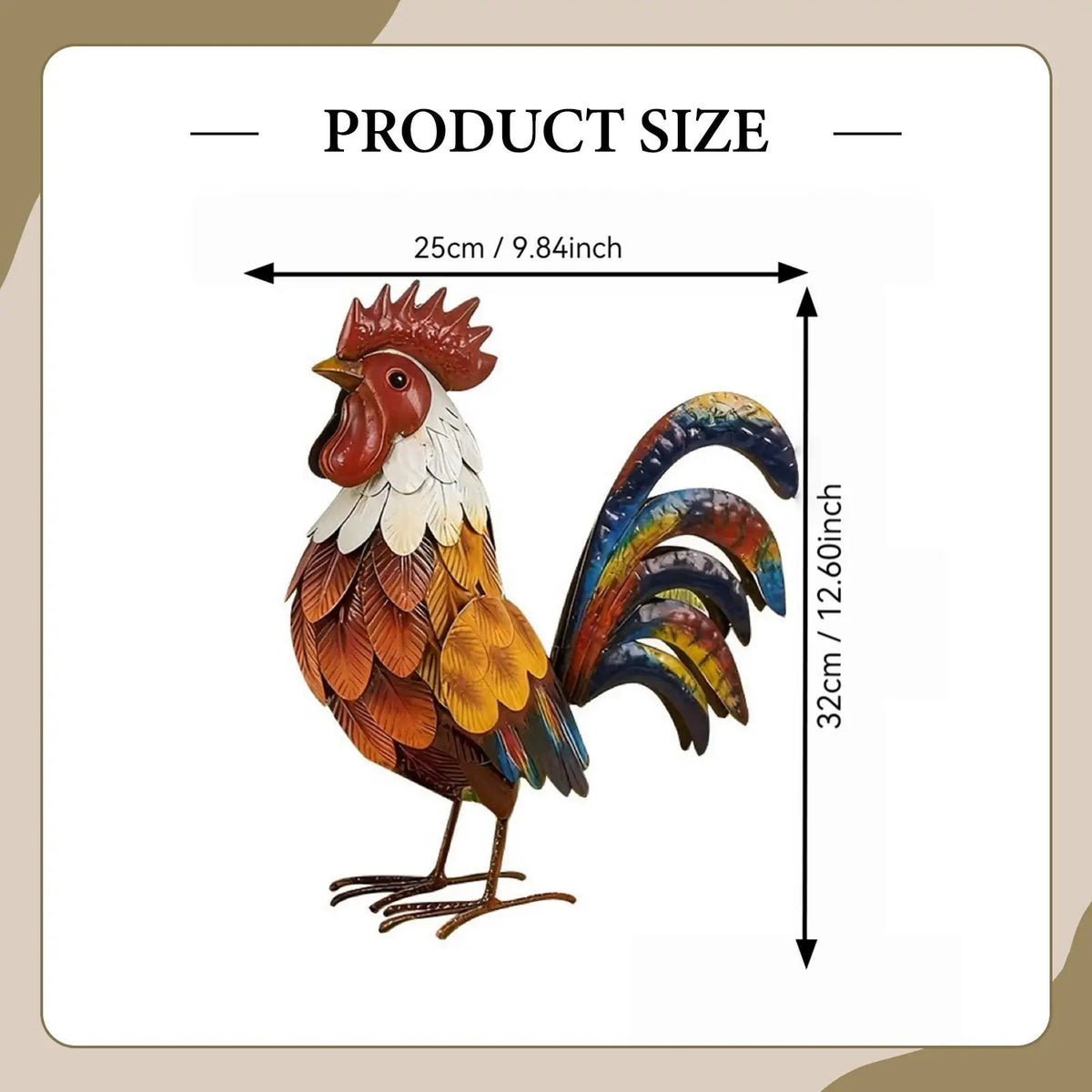 statue coq plumes colorées artisanale métal rouge blanc patio jardin extérieur ornement paysager