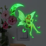 sticker mural fée papillons lune vert rose blanc dessin animé chambre enfants fluorescent