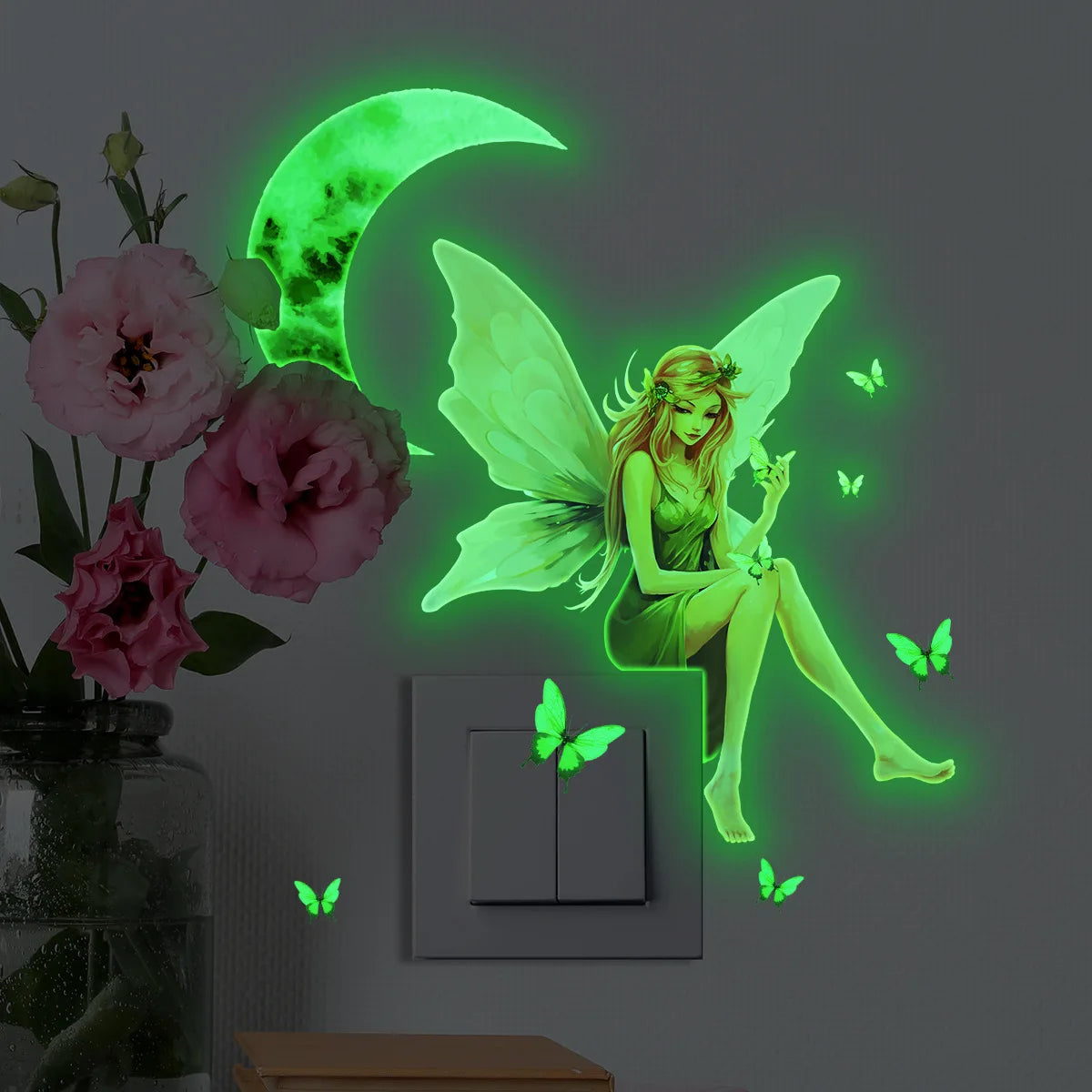 sticker mural fée papillons lune vert rose blanc dessin animé chambre enfants fluorescent