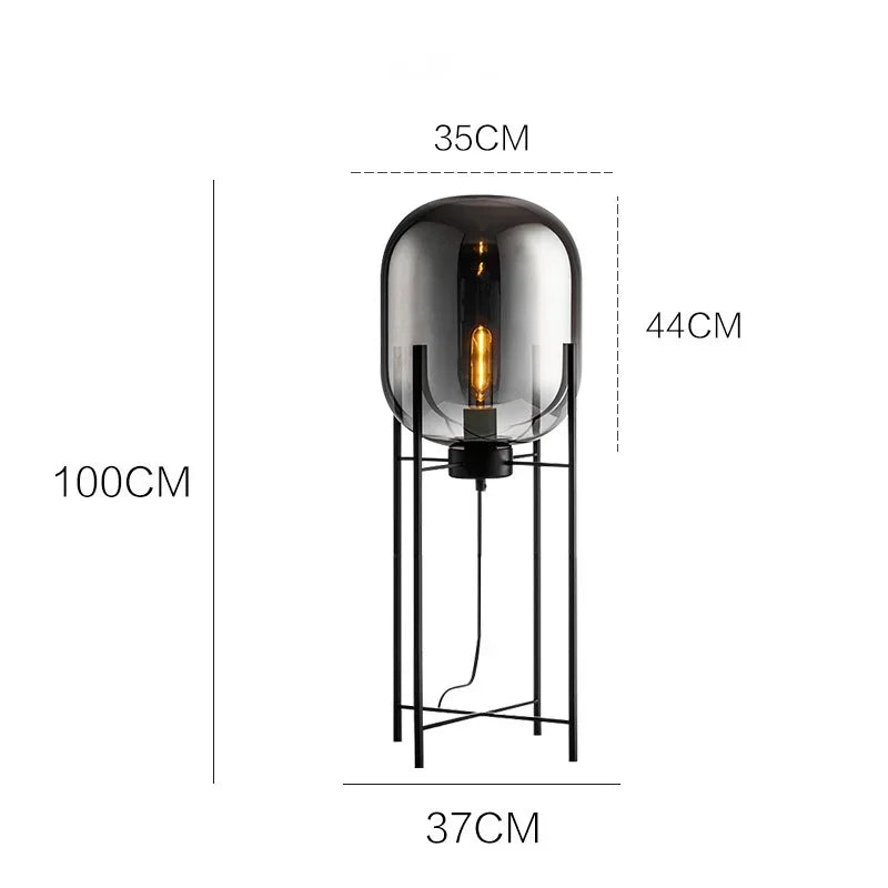lampe sol moderne transparente ampoule filament noir gris fumé led verre minimaliste