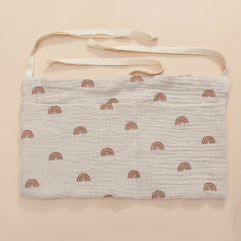sac rangement lit bébé coton coeurs dorés gris simple double poche fixation ruban