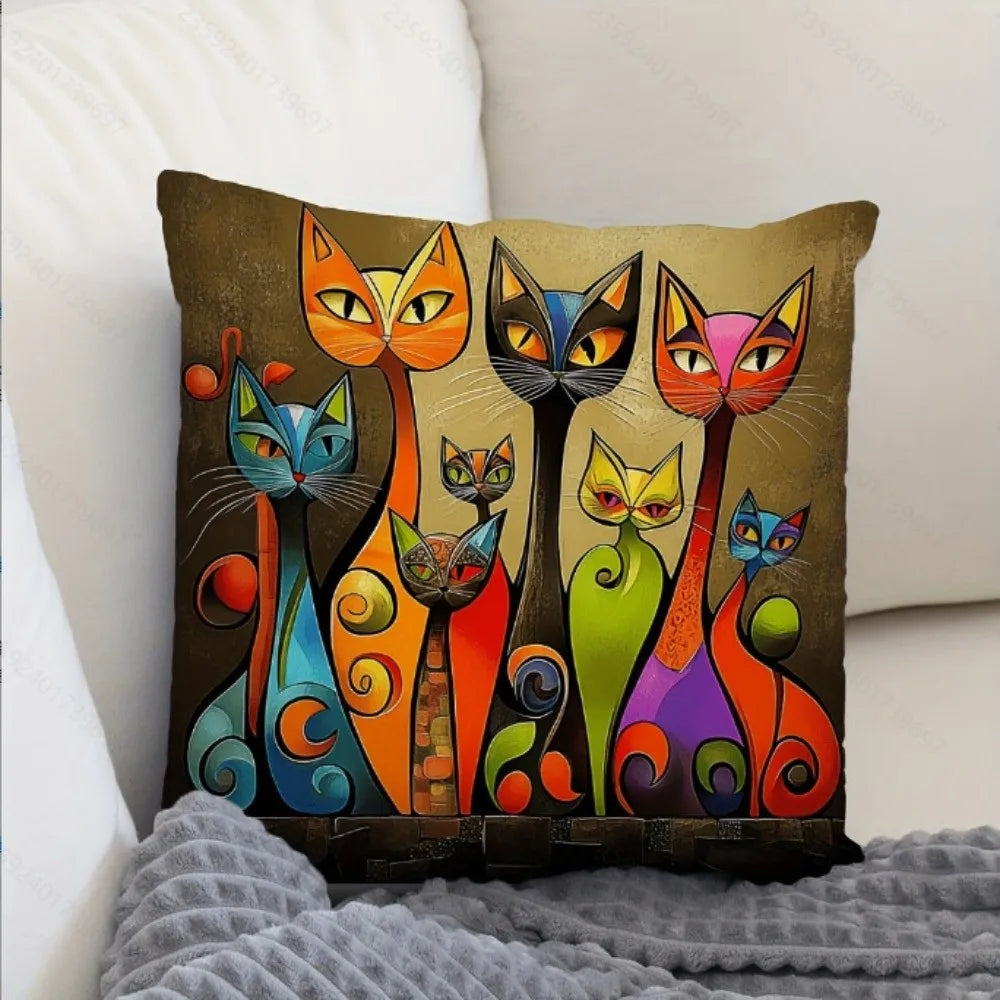 housse coussin polyester chat imprimé gris orange moderne salon chambre lit 45cm 45cm