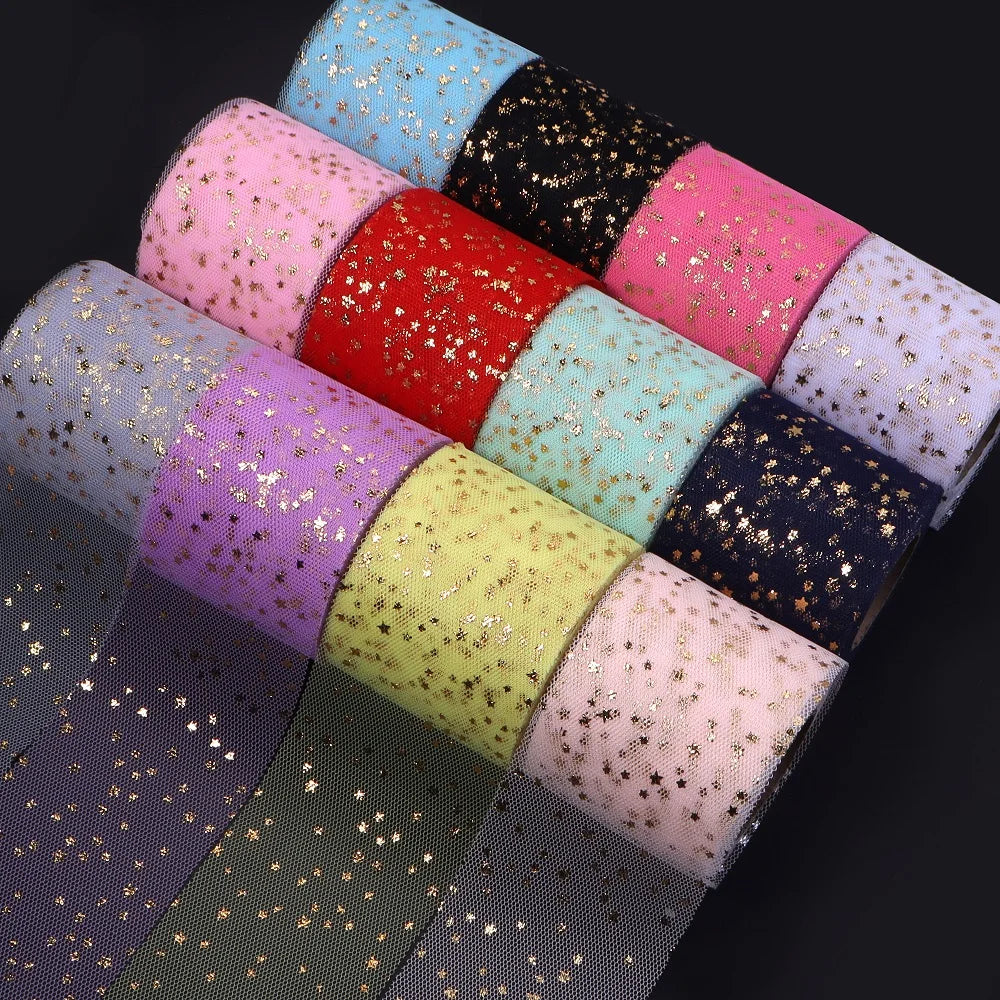 rubans tulle 6cm largeur étoiles dorées bleu rose rouge noir vert translucides