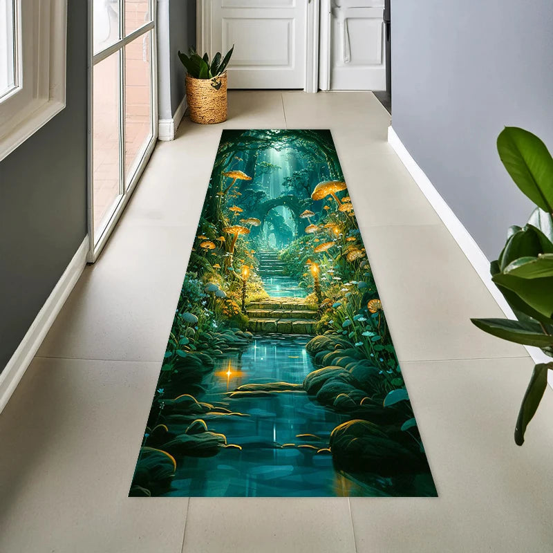 tapis moderne fantastique paysage fleurs rochers lumière verte bleue jaune noire salon chambreextérieur