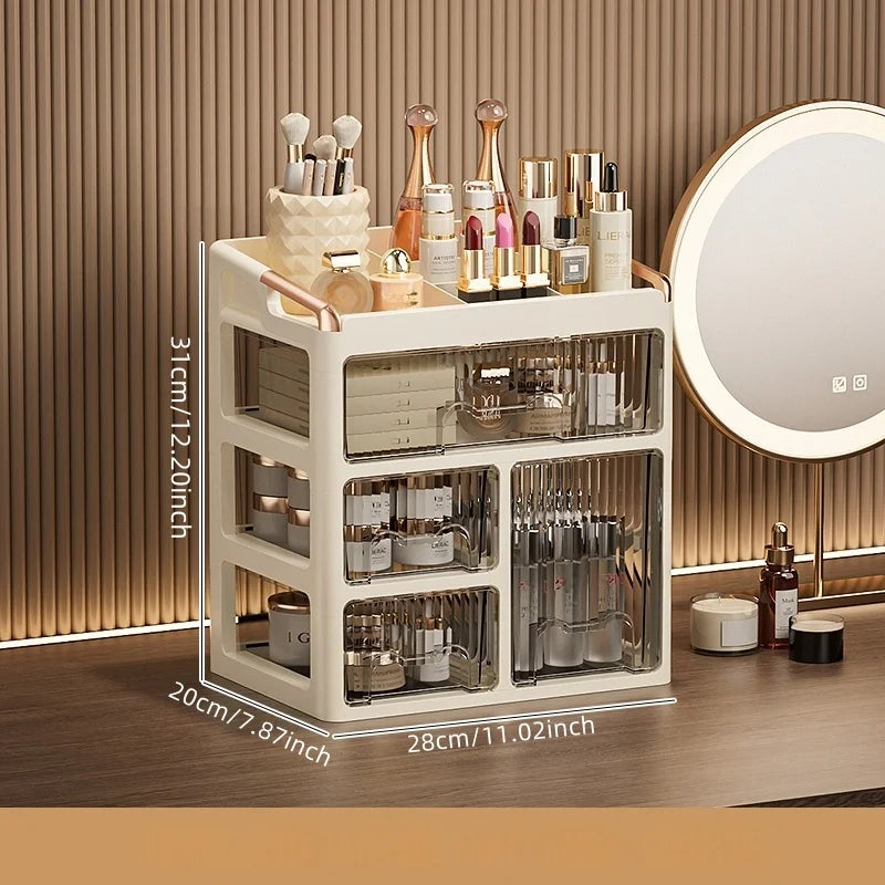 boîtes rangement cosmétiques moderne pliables beige clair poignées dorées étiquettes produits