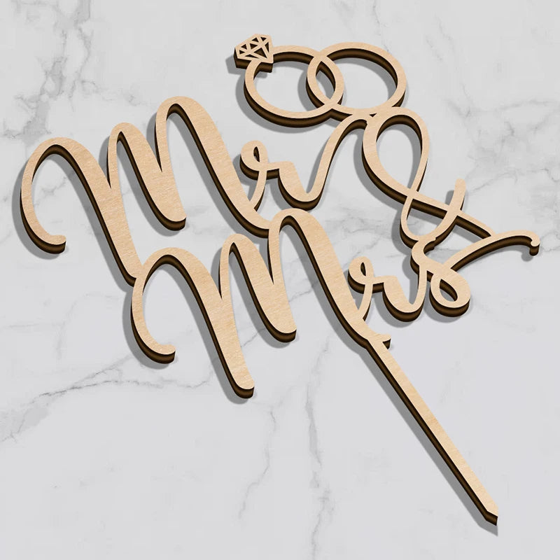 décoration gâteau mariage mr mrs lettres calligraphiées alliances diamant tige bois