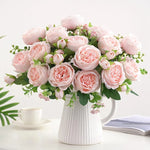 décoration intérieure moderne bouquet fleurs artificielles rose soie verte vase transparent chambre salon