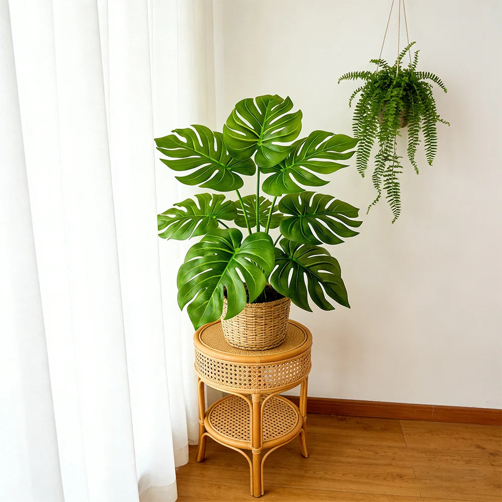 Décoration maison plante artificielle monstera feuilles vertes pot cannelé tropical moderne bohème