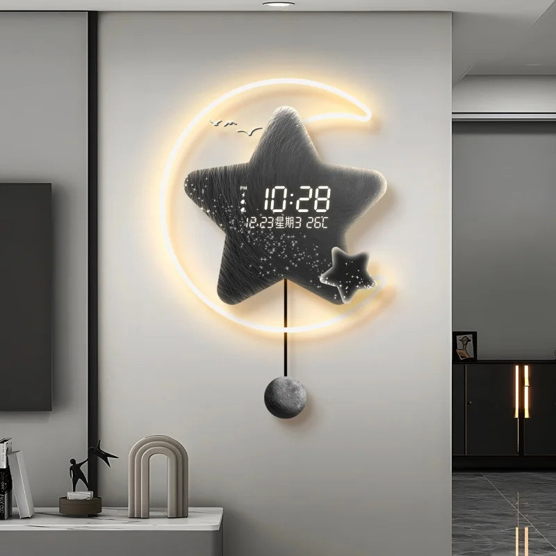horloge murale moderne lune étoiles motifs galactiques gris blanc doré éclairage cuisine salle manger