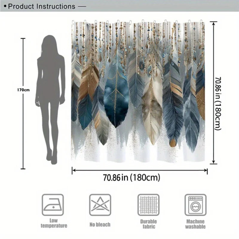 rideau douche boho chic plumes bleu beige opacité tissu polyester robuste lavable machinecoration salle