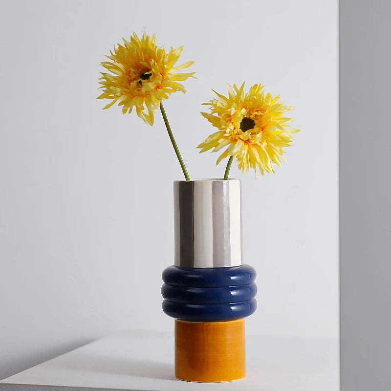 vase décoratif moderne bleu blanc orange lisse texturé géométriquebranches fleurs