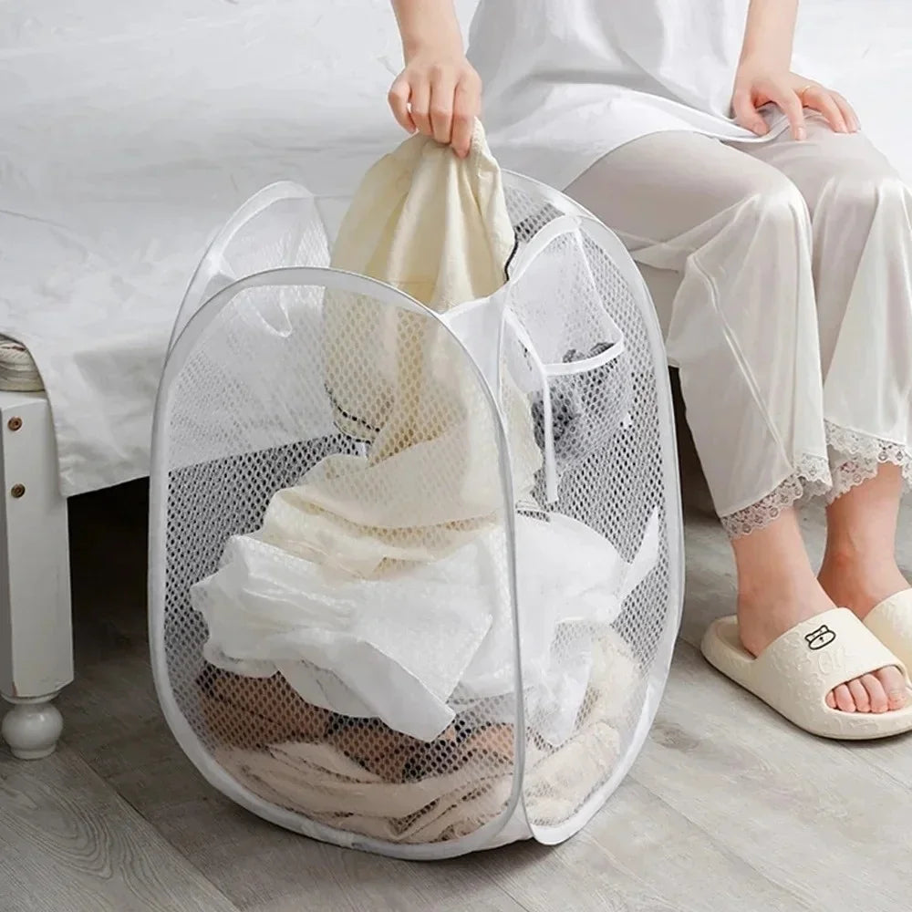 panier linge pliable noir blanc maille moderne poignées sac rangement transportversible