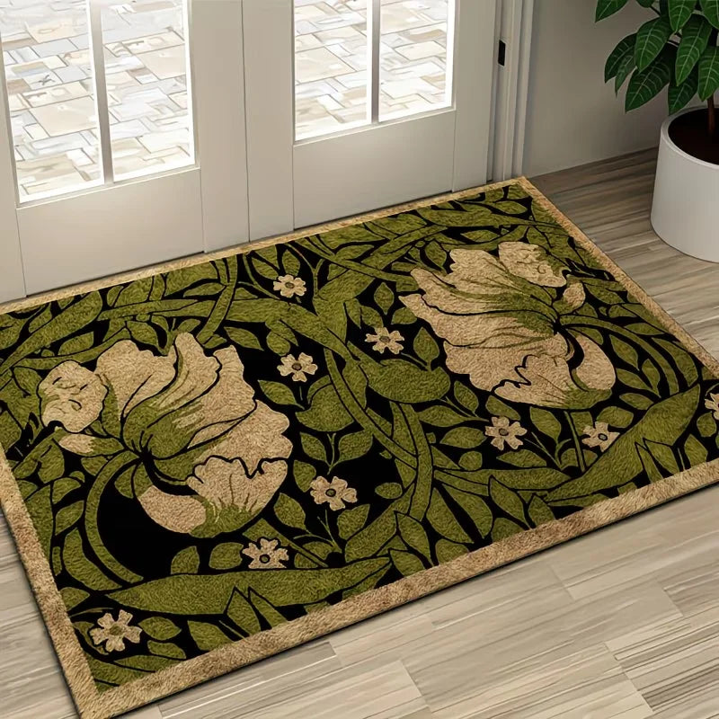 tapis moderne fleurs stylisées anti dérapant vert beige noir salon salle bain