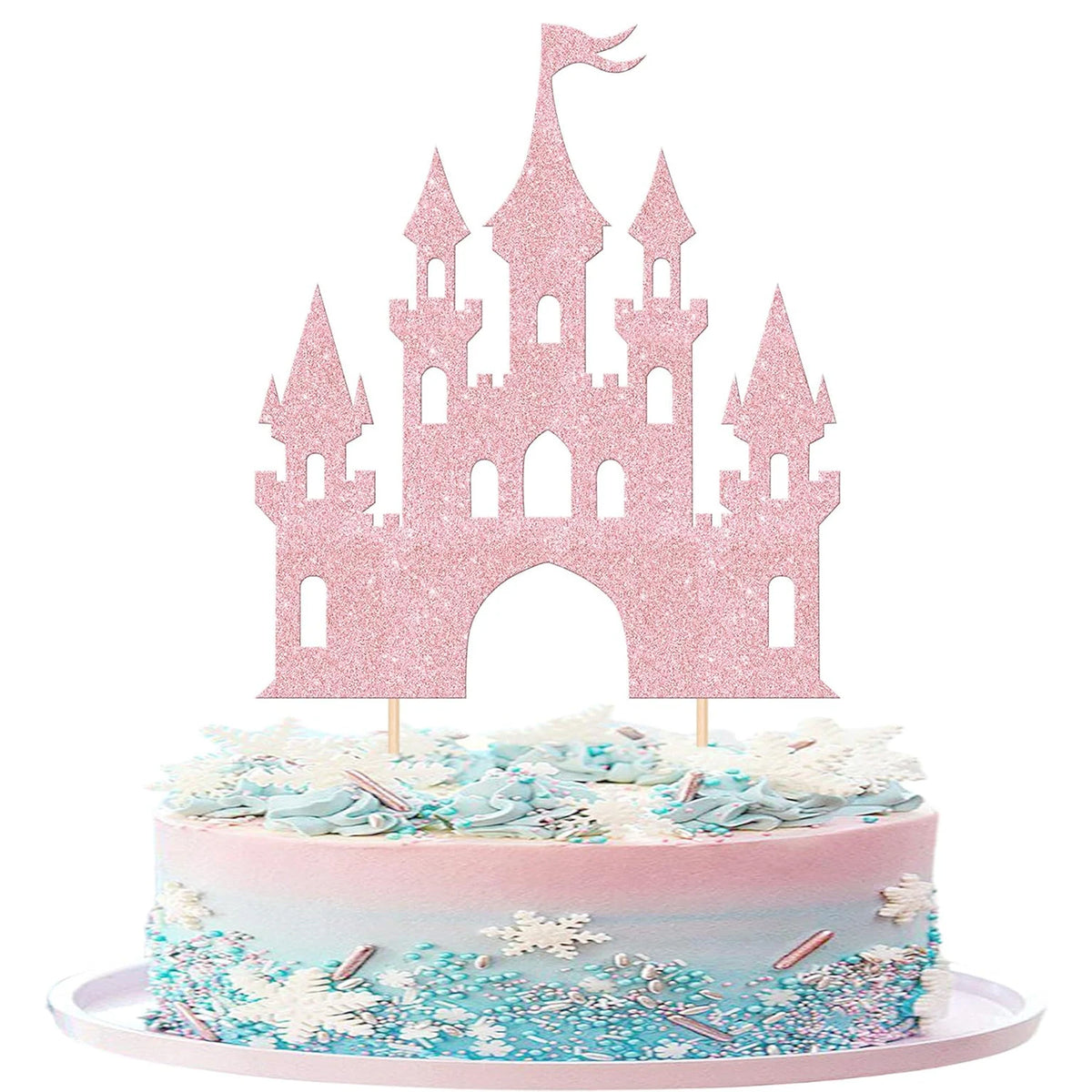 décoration gâteau château glitter princesse doré bleu rose anniversaire fête piquettes bambou