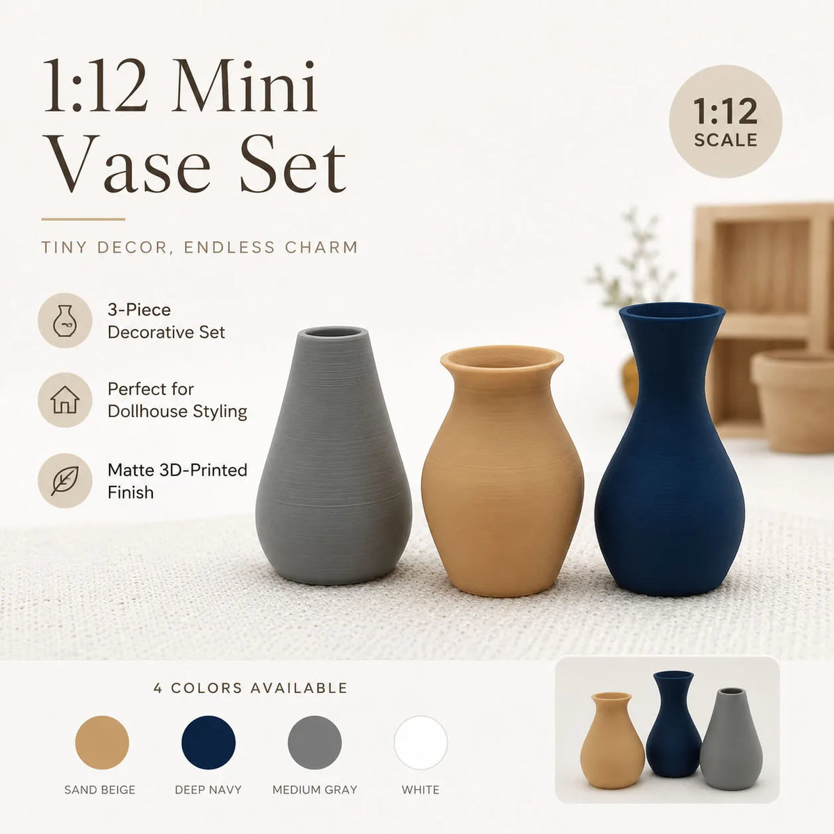 vases miniatures 3d imprimés textures mates minimalistes couleurs gris beige bleu blancDecorationIntérieurePoupéesAccessoiresMaison