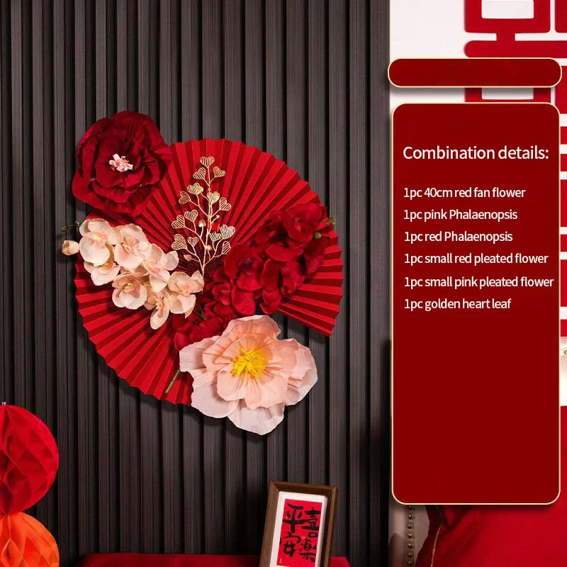 décoration murale festive asiatique fanions papier fleurs motifs calligraphie rouge blanc doré