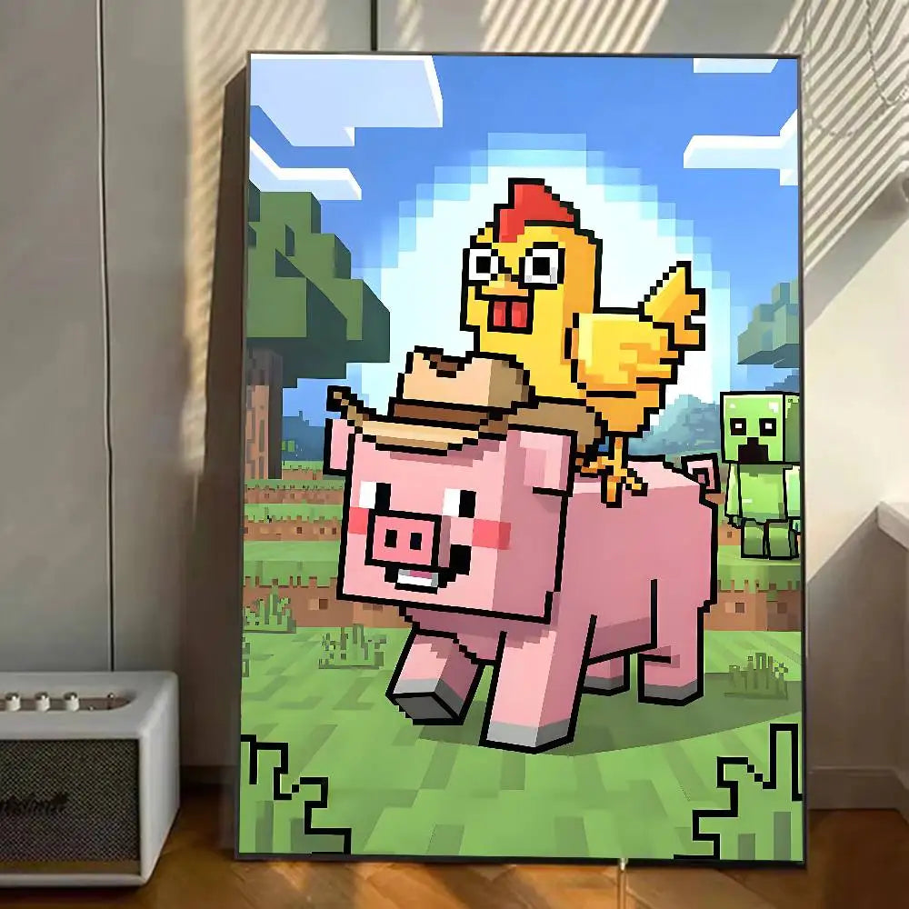affiches art numériques pixel retro jeu vidéo animaux couleur rose blanc vert bleu gris