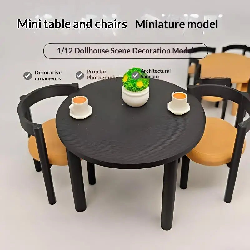 meubles deco miniature table ronde chaises noir orange texture bois moderne set poupées accessoire