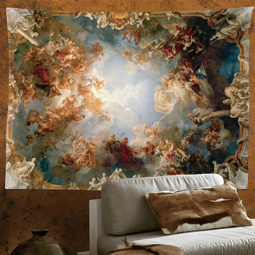 tapisserie murale baroque bleu or scène nuageuse figures humaines occasion mariage anniversaire festive