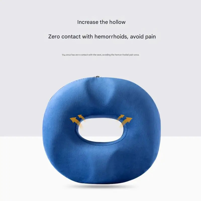 coussin donut mousse mémoire forme bague velours bleu adhésif soulagement hémorroïdes coccyx voyage confort