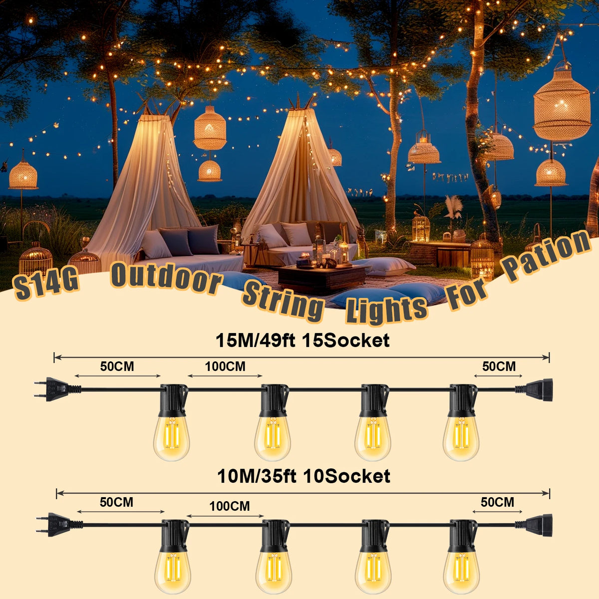 guirlande lumineuse led dorée 15 ampoules 15m clips noirs moderne vintage imperméable 220v