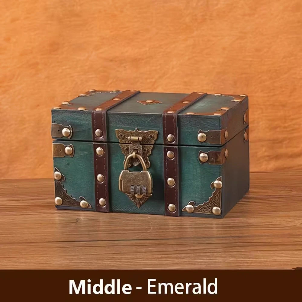 coffre fort miniature bois cuir vintage rivets serrure code bijoux rangement maison