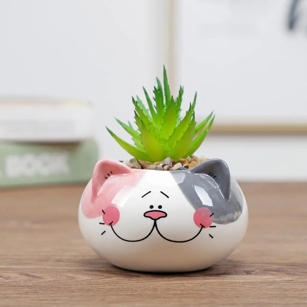 cache pot cartoon visage animé blanc rose jaune noir succulente décoration table adultes unisexe