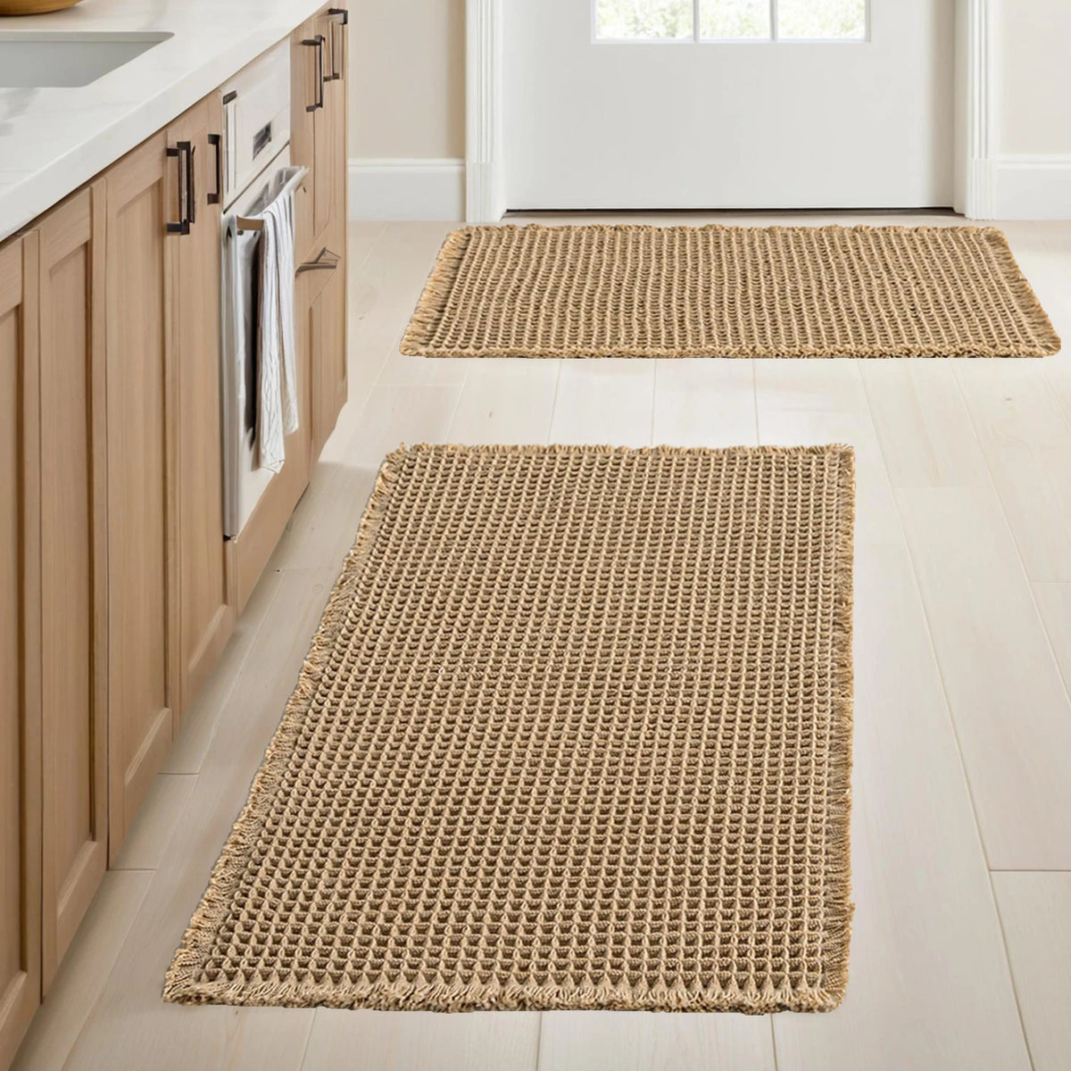 tapis bain moderne beige clair tissé motifs géométriques franges antidérapant respectueux environnement machine