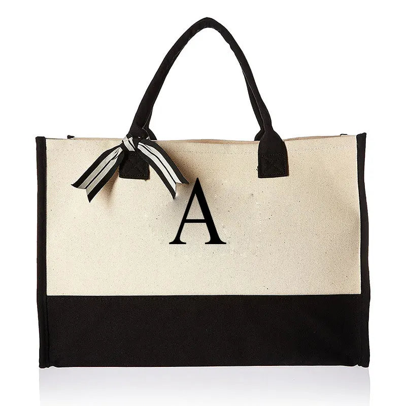 sac main femme toile beige noir lettre brodée grande capacité poignées détachables moderne